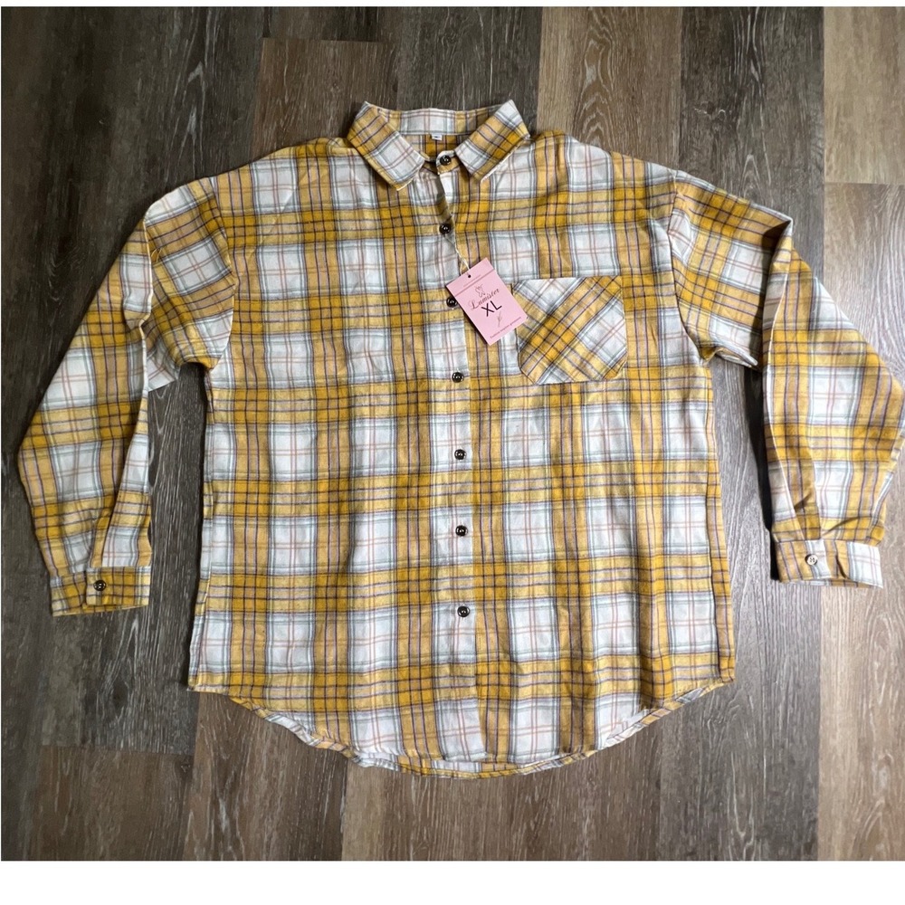 Lumister Plaid Button Down Shirt Womens XL Yellow Long Sleeve‎ Flannel Pocket